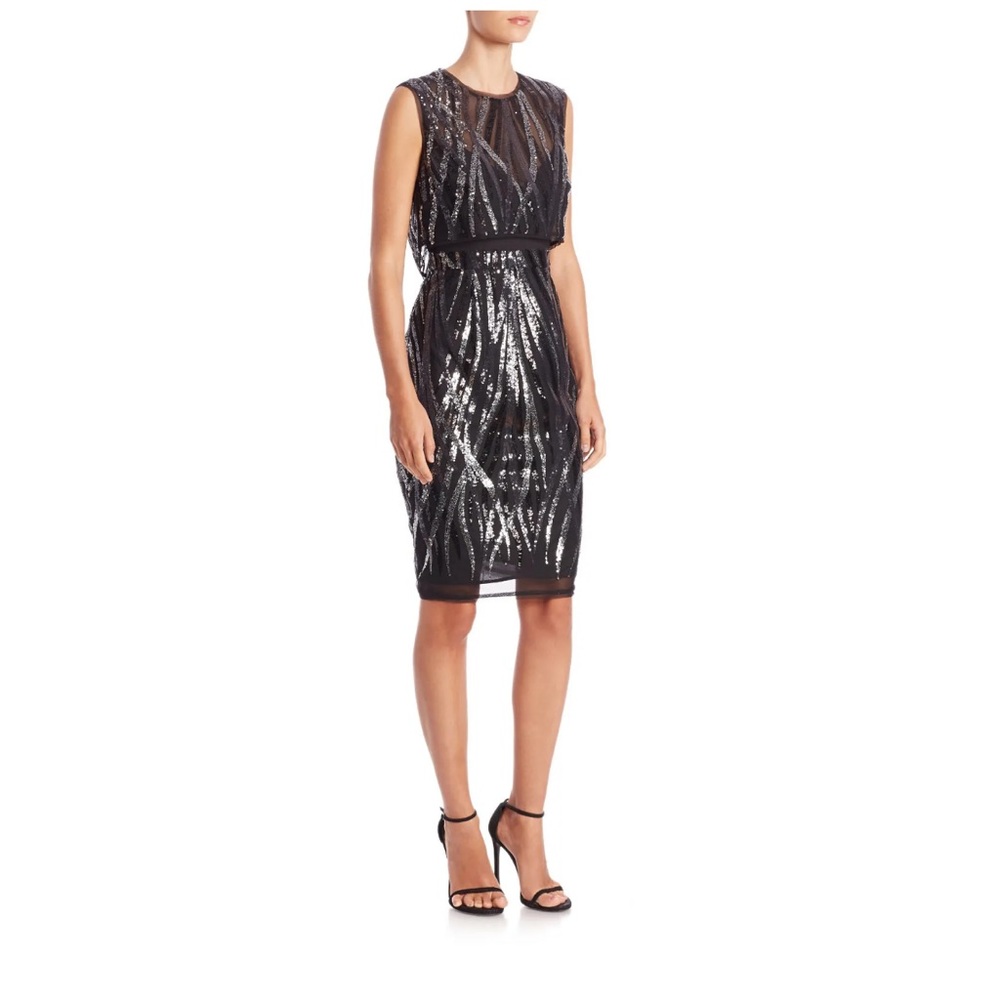 BCBG Max Azria 'Fallyn Flame' ~ Charcoal Sequins Overlay Party Dress size 4